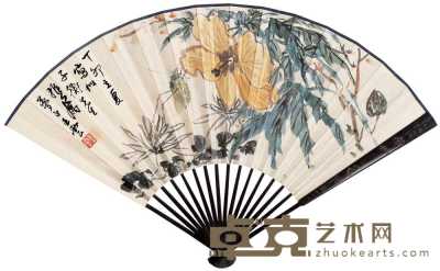 王云 1927年作 花卉草虫 成扇 18.5×49cm